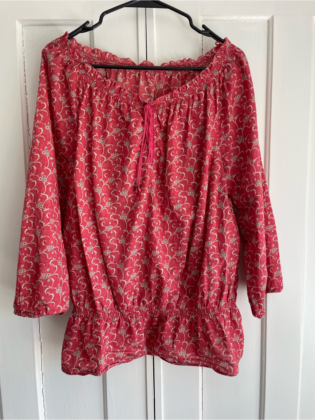 Boho Flowy Cotton Women’s Red Floral Peasant Blouse Xl Cowgirl Milkmaid Shirt